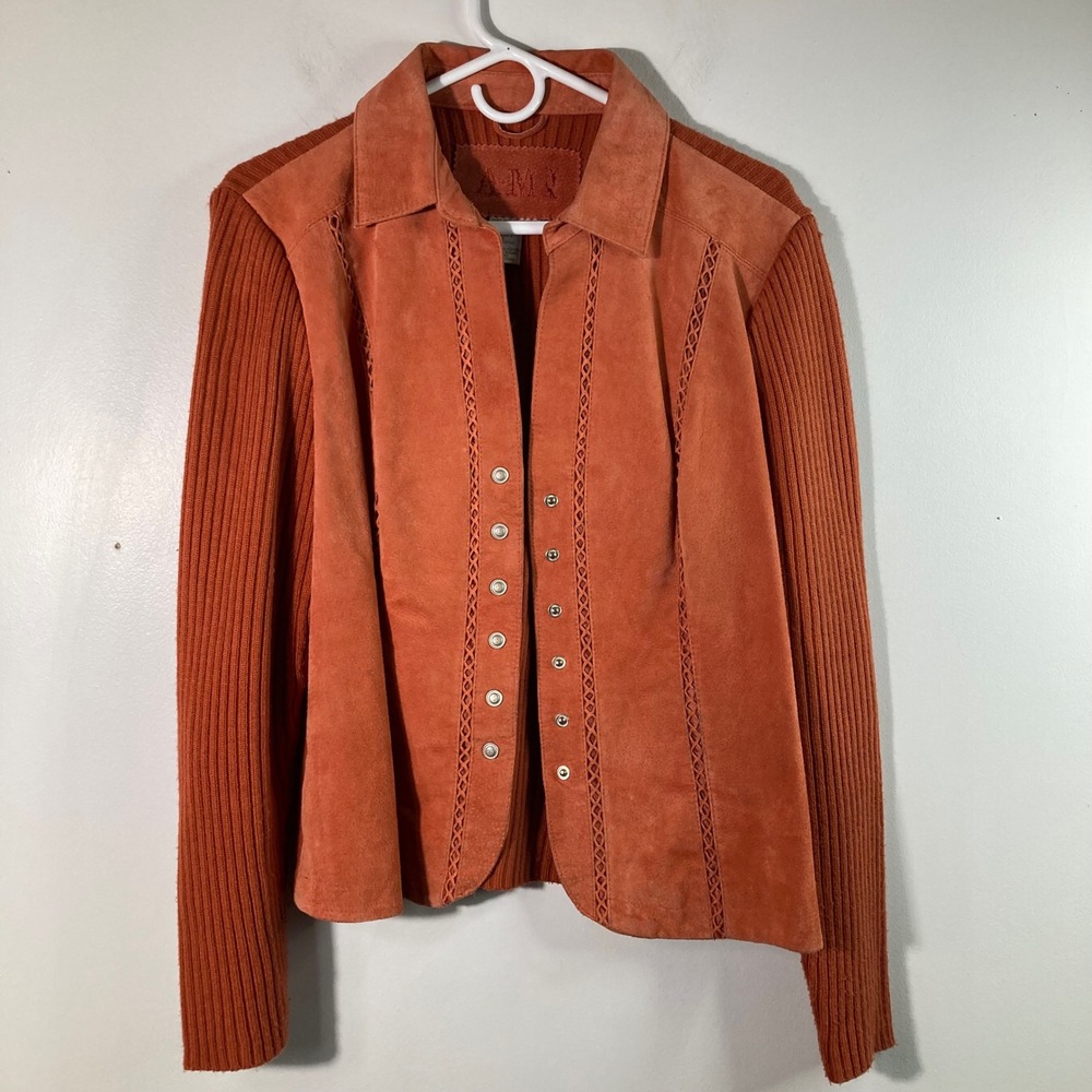 Womens Vintage AMI Suede Leather Sweater Jacket Orange L